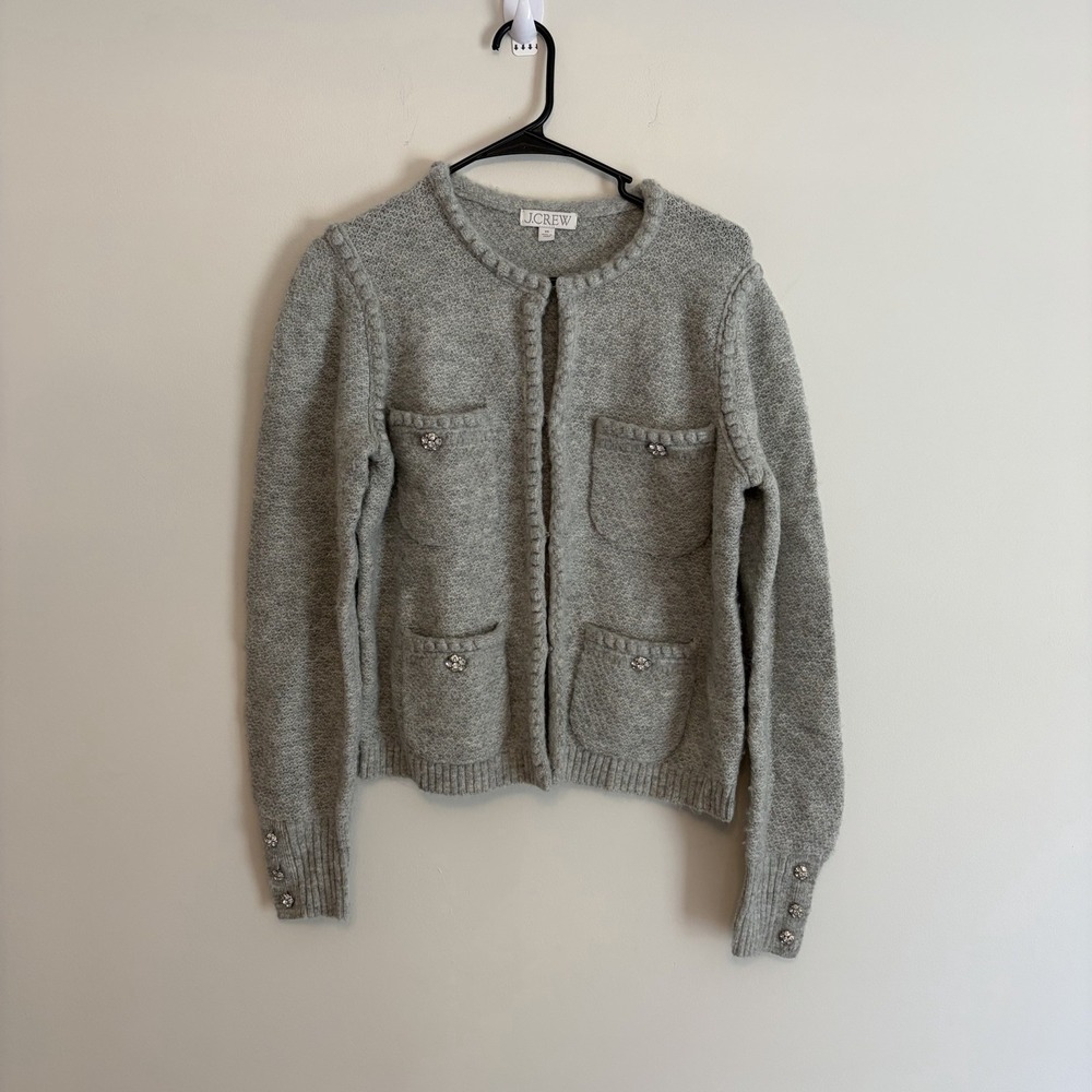 J. Crew Gray Boucle Sweater Cardigan Jewel Buttons XS Merino Wool Blend Pockets - Picture 2 of 7